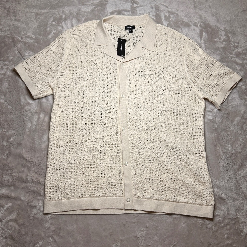 Express Shirt Mens XL Knit Crochet Textured Geometric Camp Collar Button Cuban